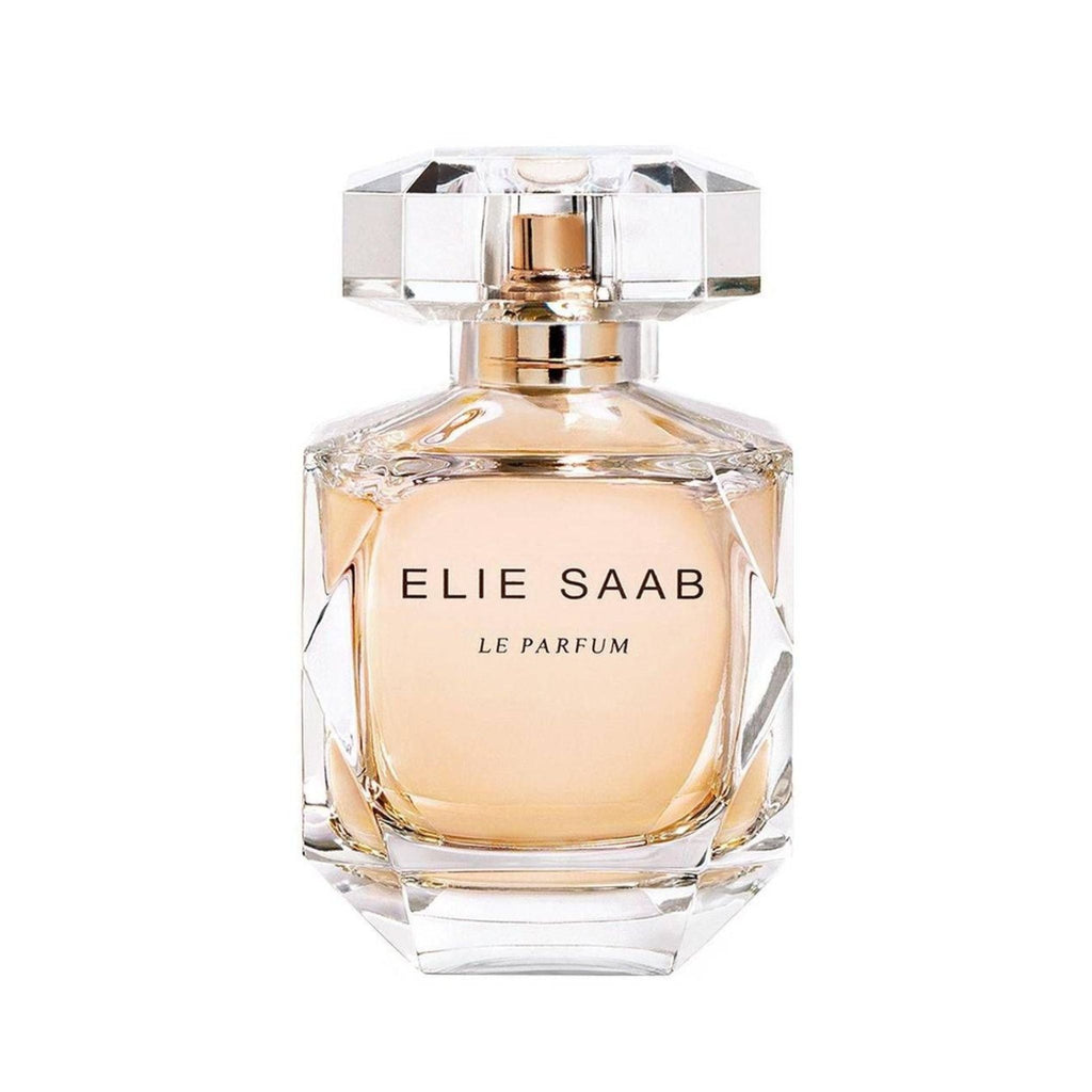Refect Beauty Elie Saab Le Parfum Eau de Parfum in a faceted glass bottle with a crystal-like cap and golden liquid.