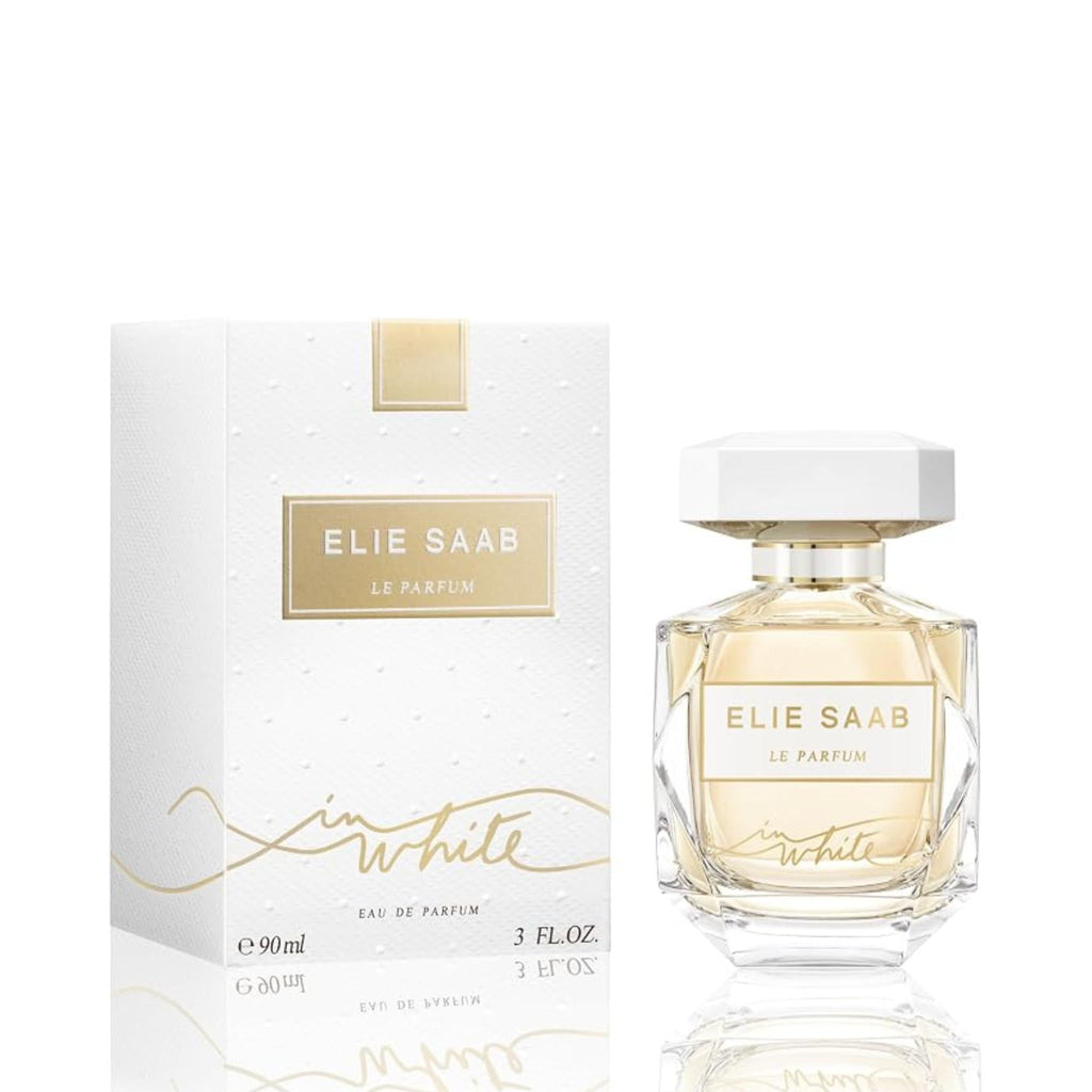 Refect Beauty Elie Saab Le Parfum In White eau de parfum bottle and textured white box on a reflective surface