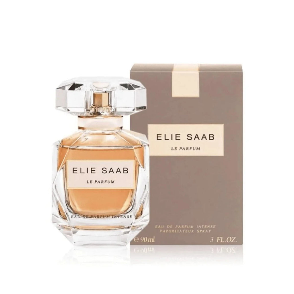 Refect Beauty Elie Saab Le Parfum Intense Eau de Parfum in a faceted glass bottle with its matching beige box.
