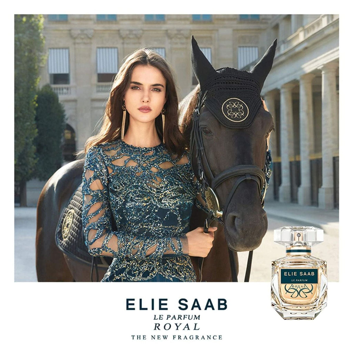 Refect Beauty campaign for Elie Saab Le Parfum Royal featuring a woman in a blue gown standing next to a black horse.