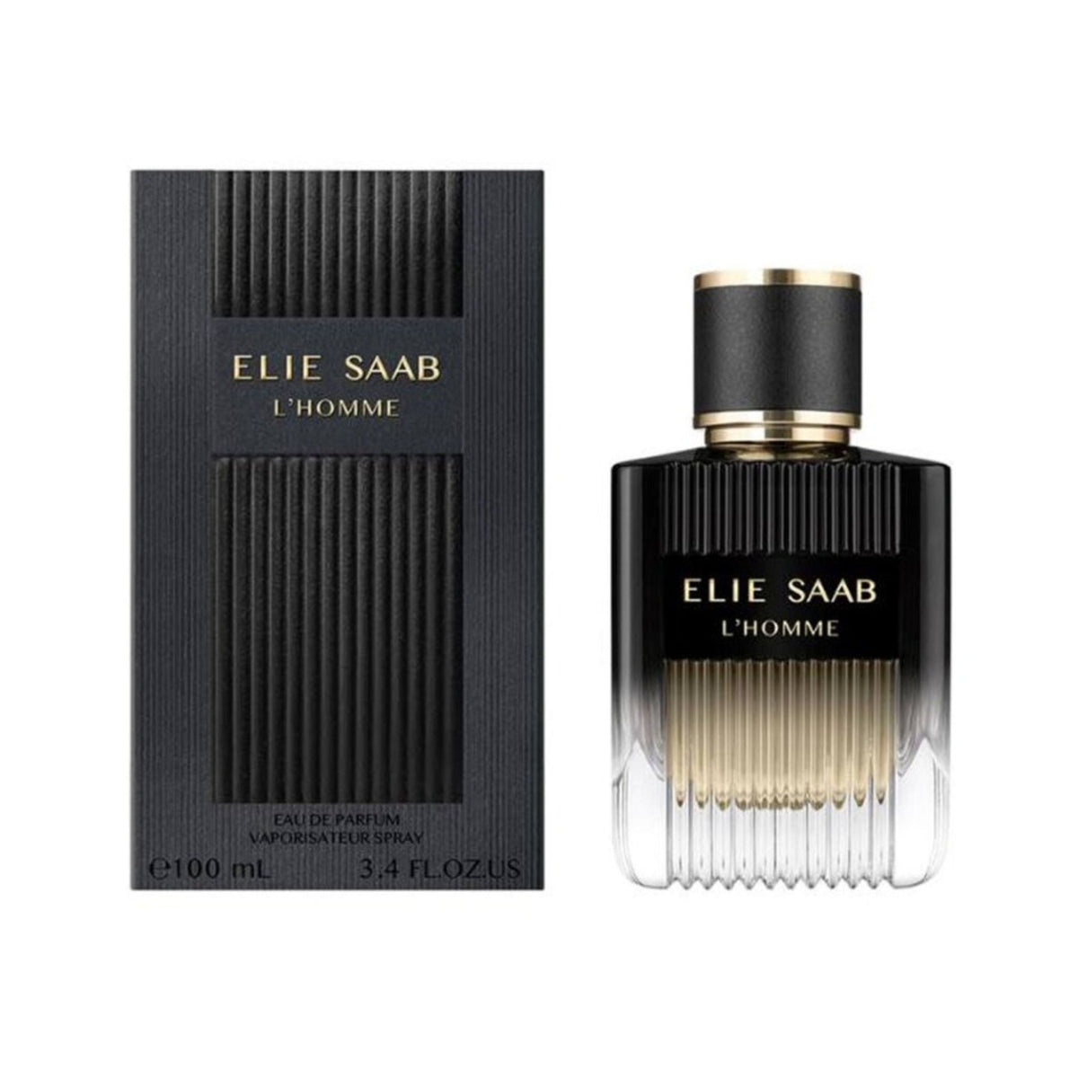 Refect Beauty Elie Saab L'Homme Eau de Parfum bottle and black textured box, a modern woody spicy fragrance for men.
