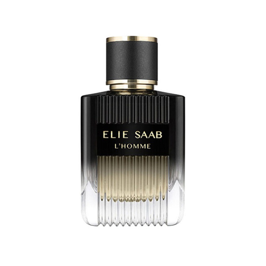 Refect Beauty Elie Saab L'Homme Eau de Parfum in a sleek black and clear glass bottle with a textured gold-rimmed cap.