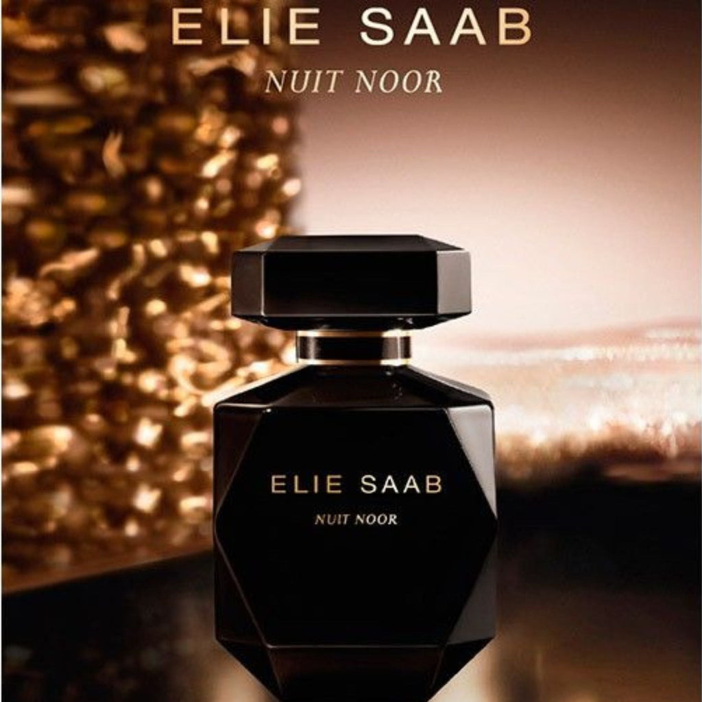 Refect Beauty Elie Saab Nuit Noor eau de parfum in a sleek black geometric glass bottle with gold lettering
