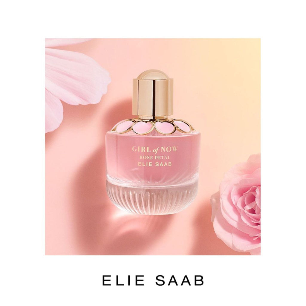 Refect Beauty Elie Saab Girl of Now Rose Petal perfume bottle with pink liquid and floral accents on a soft background