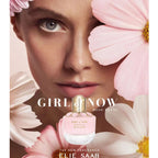 Refect Beauty Elie Saab Girl of Now Rose Petal perfume bottle surrounded by soft pink flower petals and a woman's face
