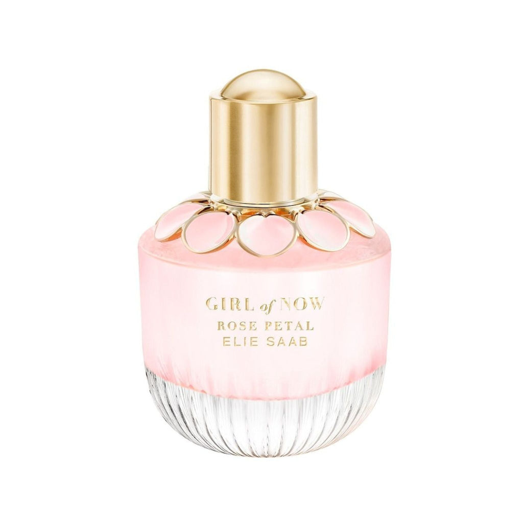 Refect Beauty Elie Saab Girl of Now Rose Petal perfume bottle with a pink glass base and gold floral cap.