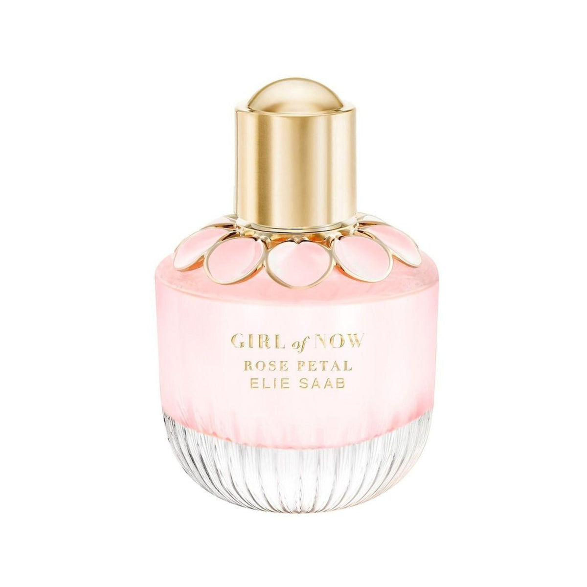 Refect Beauty Elie Saab Girl of Now Rose Petal perfume bottle with a pink glass base and gold floral cap.