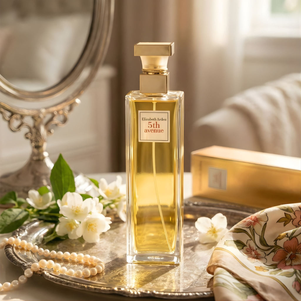 Refect Beauty Elizabeth Arden Fifth Avenue Eau de Parfum in a tall glass bottle on a silver tray with white flowers.