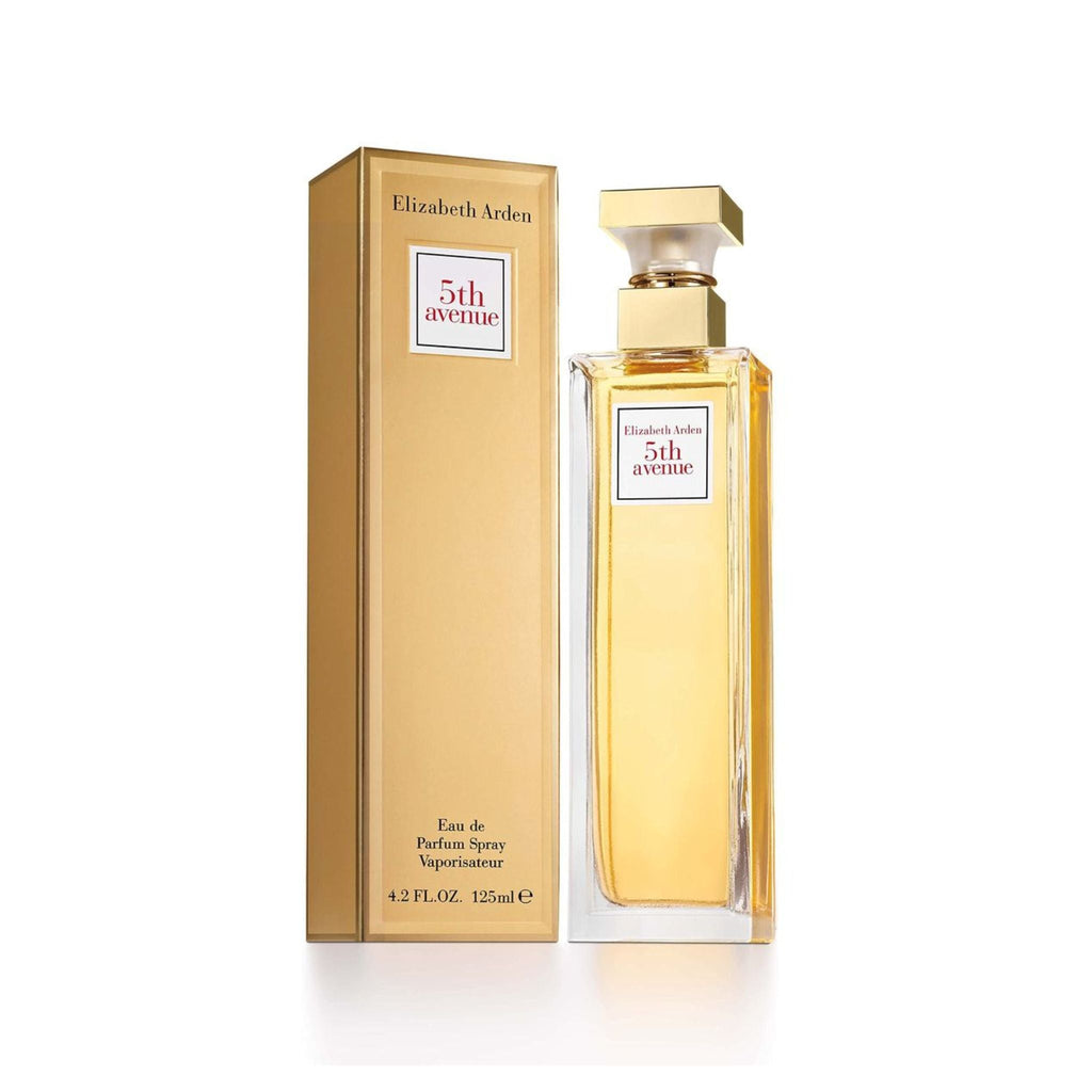 Refect Beauty Elizabeth Arden Fifth Avenue Eau de Parfum bottle and gold box packaging on a white background.