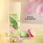 Refect Beauty Elizabeth Arden Green Tea Pistachio Crunch perfume bottle next to green and pink macarons