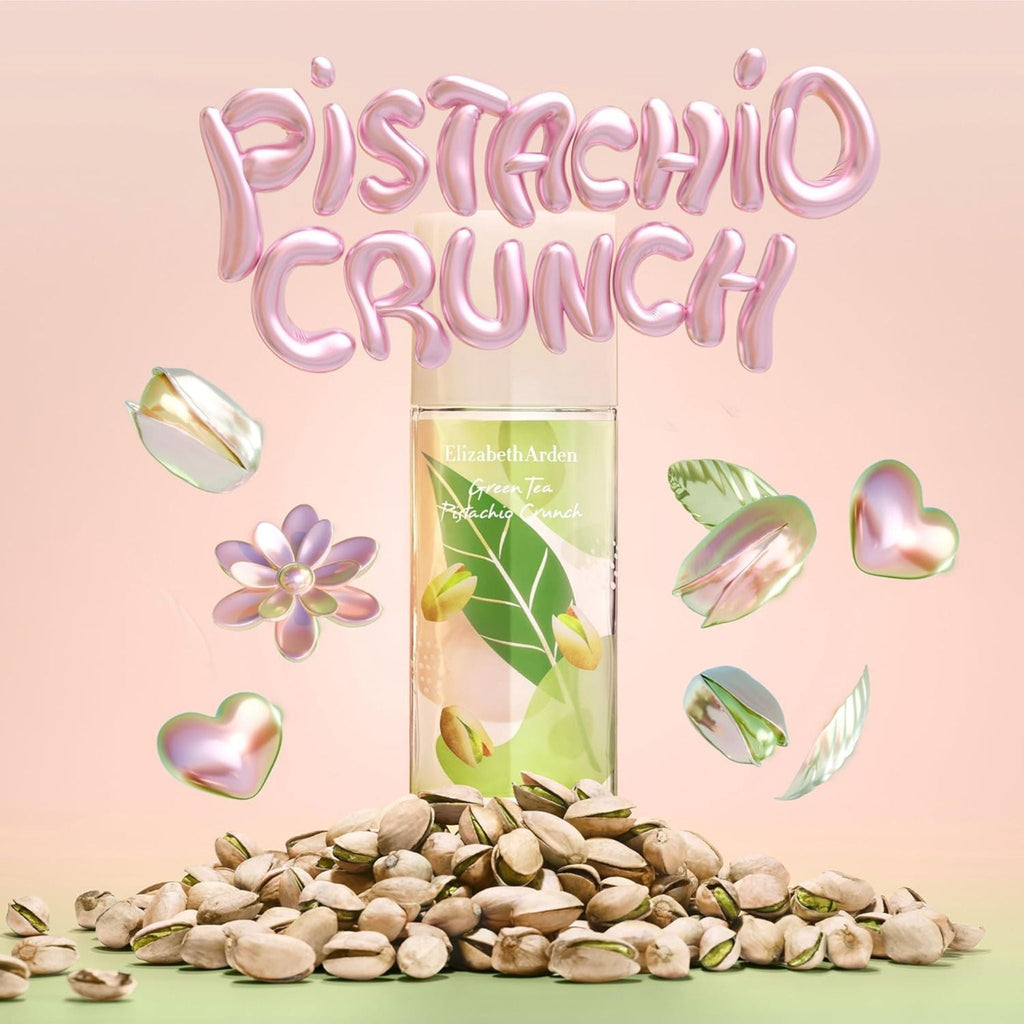 Refect Beauty Elizabeth Arden Green Tea Pistachio Crunch perfume bottle surrounded by floating nuts and hearts