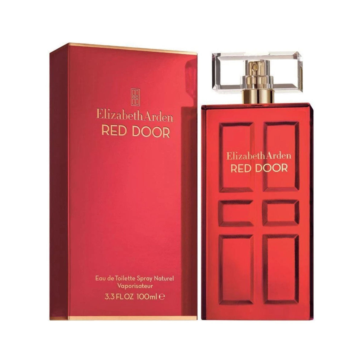 Refect Beauty Elizabeth Arden Red Door Eau de Toilette perfume bottle and its iconic red rectangular box packaging.