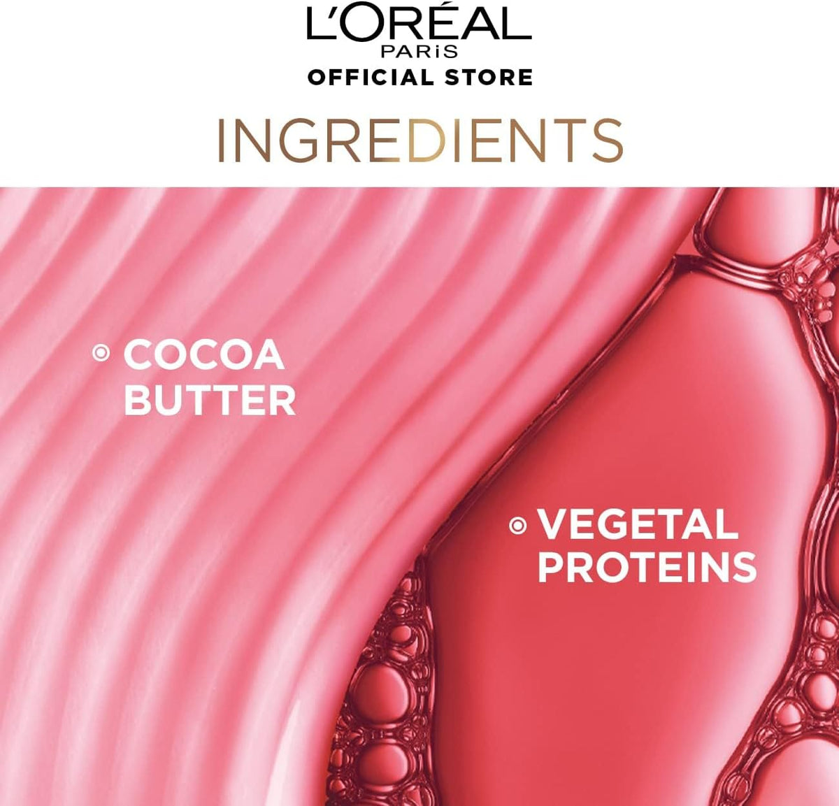 Refect Beauty L'Oreal Paris Elvive serum ingredients featuring cocoa butter and vegetal proteins in a pink texture