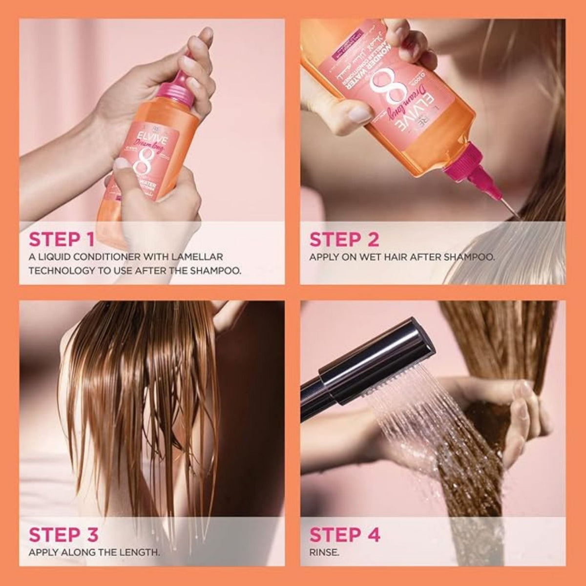 Refect Beauty L'Oreal Paris Elvive Dream Long Wonder Water 4-step application guide for long, damaged hair treatment