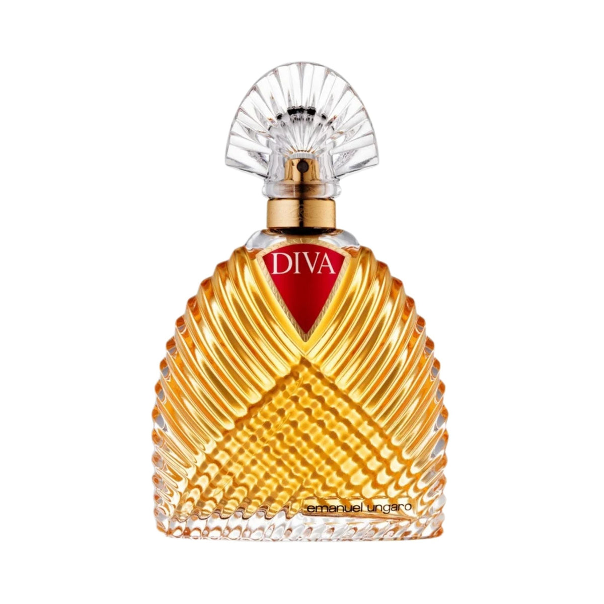 Refect Beauty Emanuel Ungaro Diva Eau de Parfum in a distinctive pleated glass bottle with a fan-shaped clear cap.