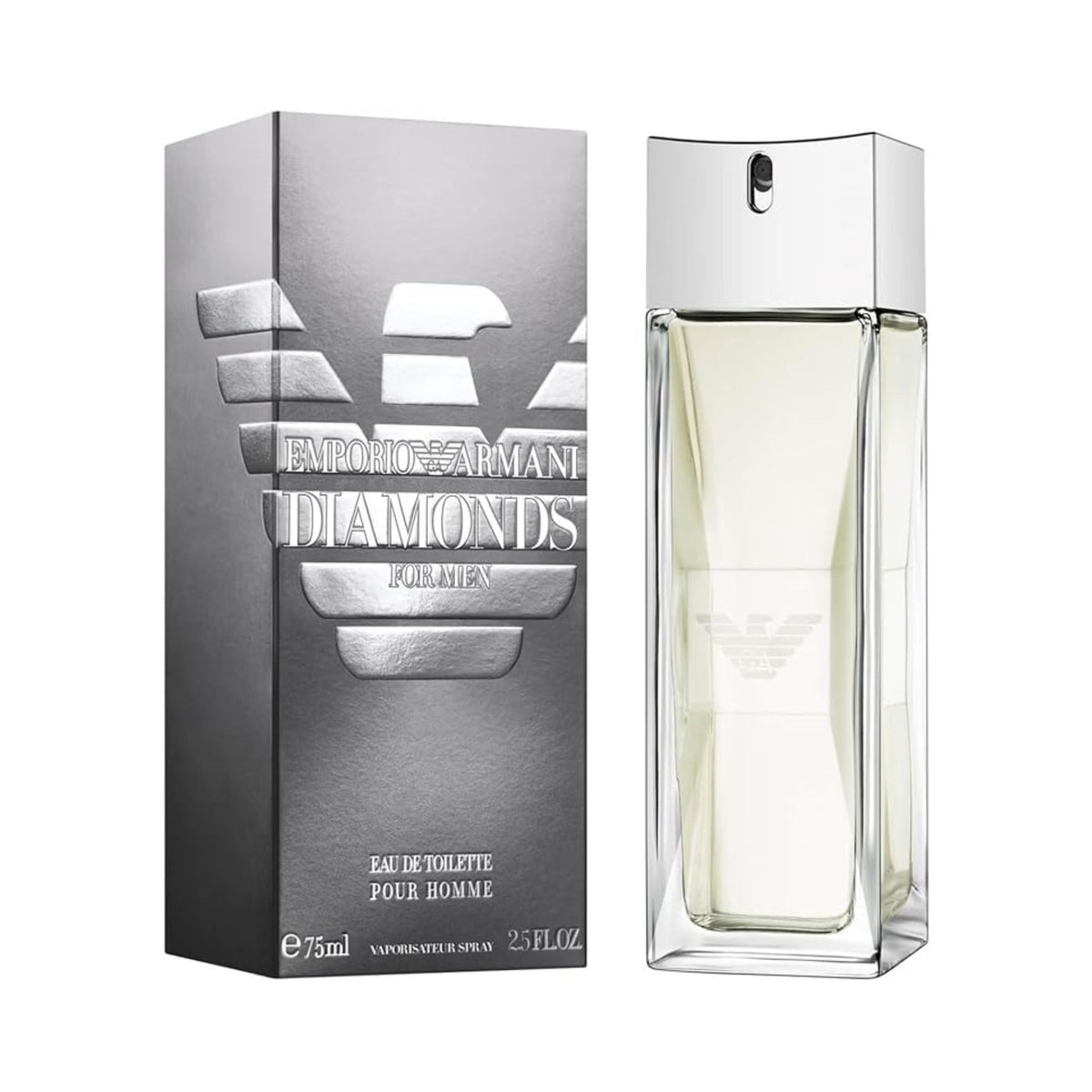Refect Beauty Giorgio Armani Emporio Diamonds Eau de Toilette for men in a 75ml glass bottle with silver box.
