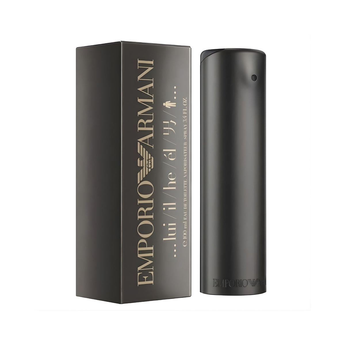 Refect Beauty Giorgio Armani Emporio He 100ml eau de toilette spray bottle next to its dark grey branded box