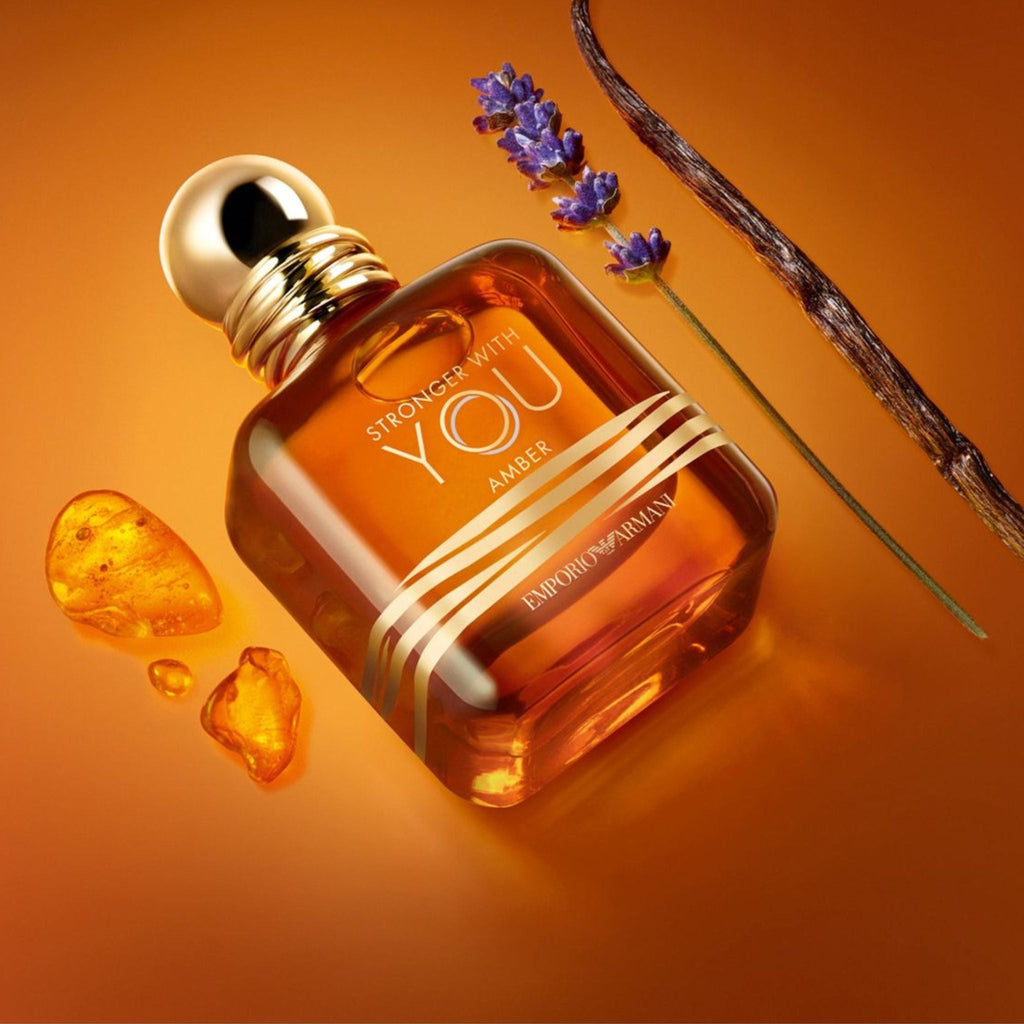Refect Beauty Emporio Armani Stronger With You Amber perfume bottle with lavender, vanilla bean, and amber resin.