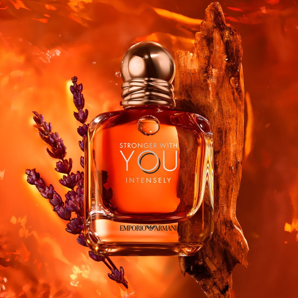 Refect Beauty Emporio Armani Stronger With You Intensely Eau de Parfum bottle with lavender and wood on orange background
