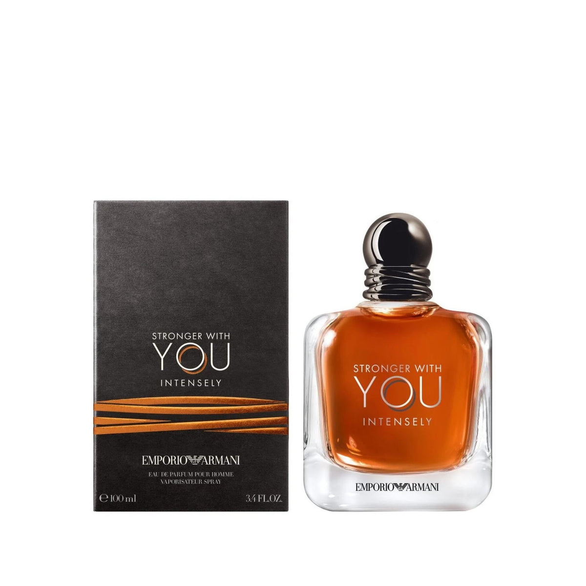 Refect Beauty Emporio Armani Stronger With You Intensely Eau de Parfum bottle and box with amber liquid.