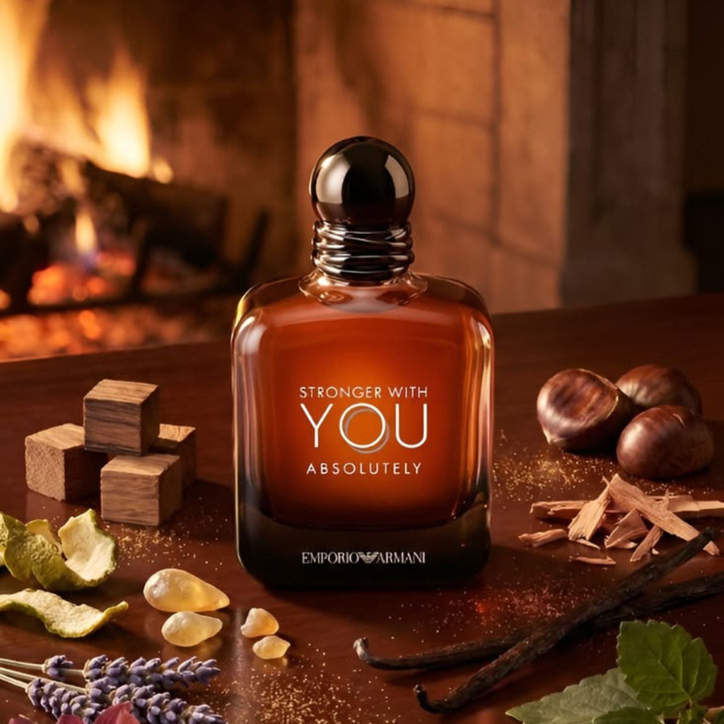 Refect Beauty Emporio Armani Stronger With You Absolutely parfum bottle with chestnut, vanilla, and wood accents.