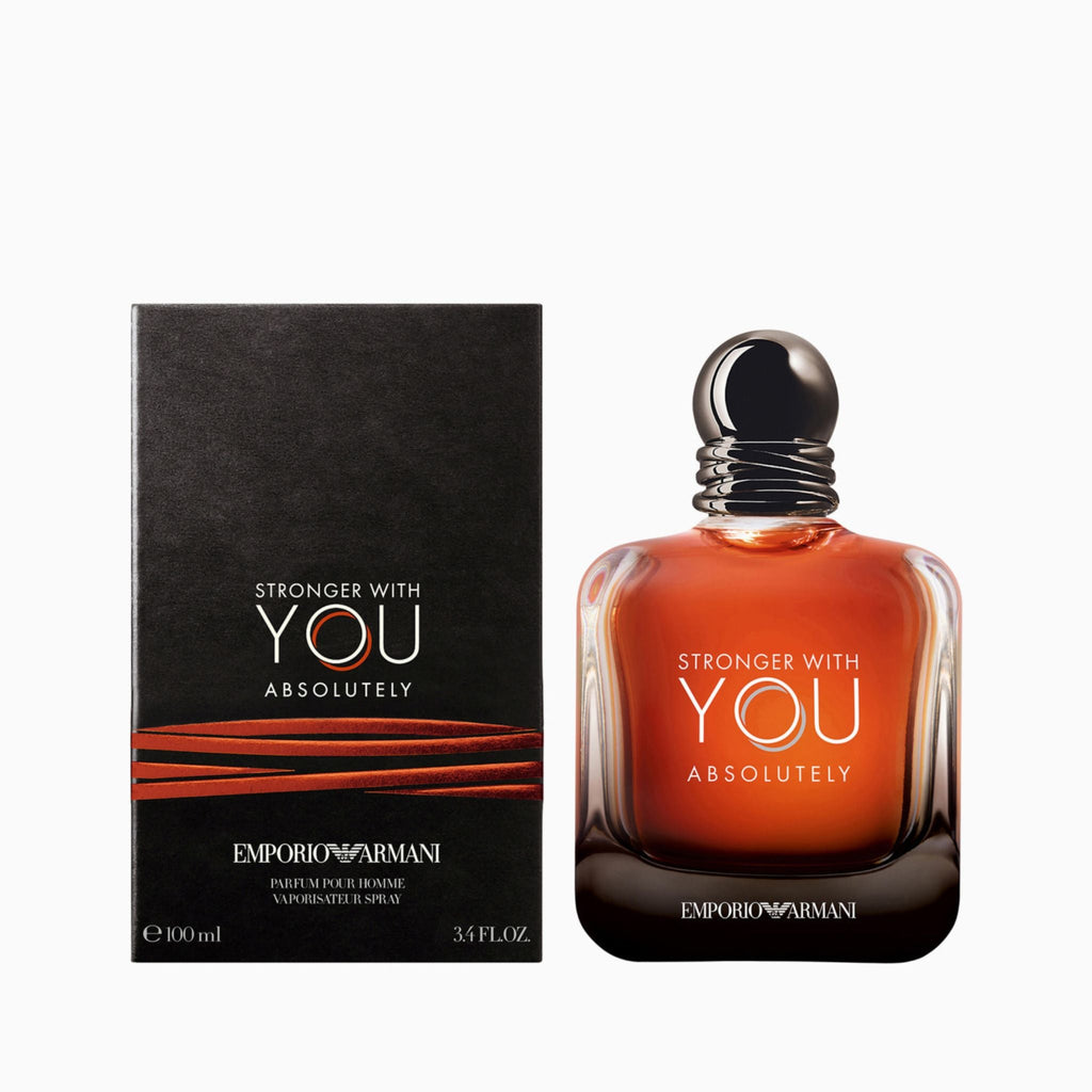 Refect Beauty Emporio Armani Stronger With You Absolutely Parfum bottle and box, a warm amber masculine fragrance.
