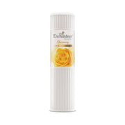 Refect Beauty Enchanteur Charming perfumed talcum powder in a white cylindrical bottle with a yellow rose graphic.