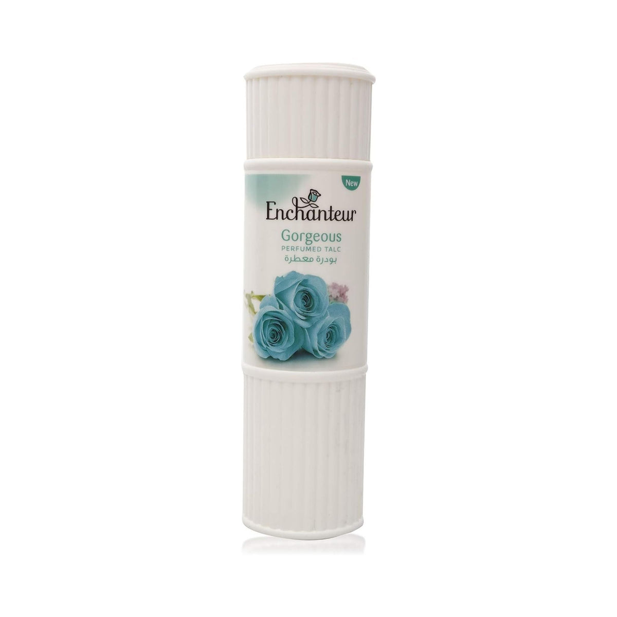 Refect Beauty Enchanteur Gorgeous perfumed talc powder in a white cylindrical bottle with blue rose floral design.