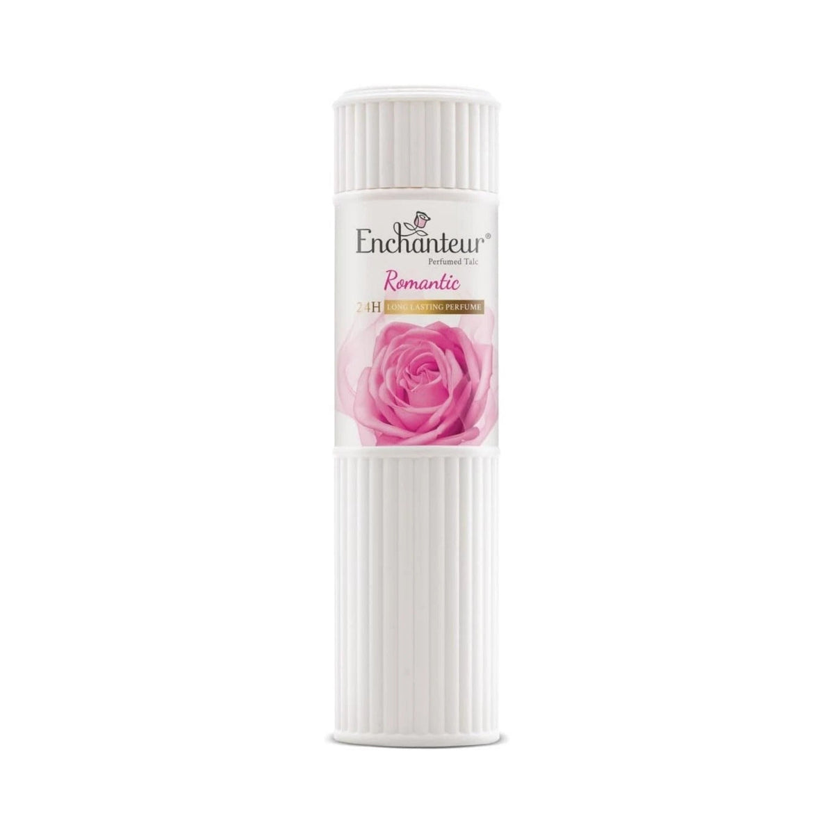 Refect Beauty Enchanteur Romantic perfumed talcum powder in a white cylindrical bottle with a pink rose illustration.