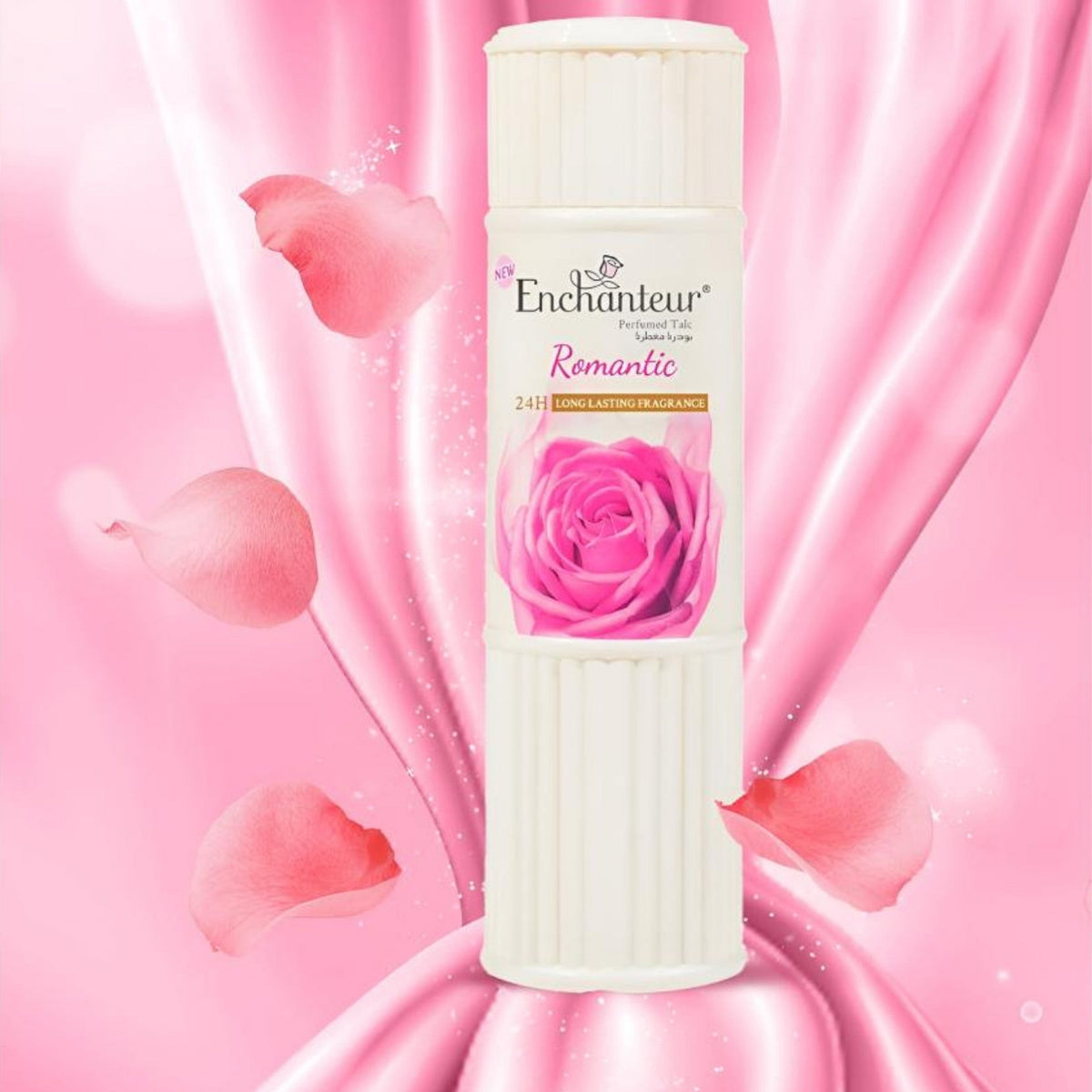 Refect Beauty Enchanteur Romantic perfumed talcum powder in a white bottle with a pink rose design on a silky background