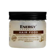 Refect Beauty ENERGY Hair Food Coconut treatment cream in a clear jar with a black lid for nourishing dry hair.