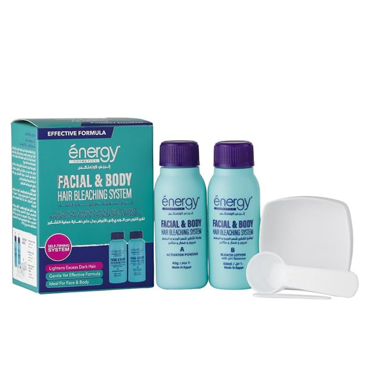 Refect Beauty Energy Cosmetics facial and body hair bleaching kit with activator powder, bleach lotion, and tools.