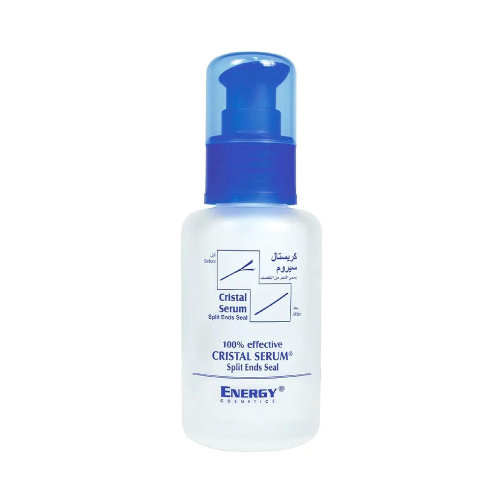 Refect Beauty Energy Cristal Serum bottle with a blue pump cap for sealing split ends and smoothing hair