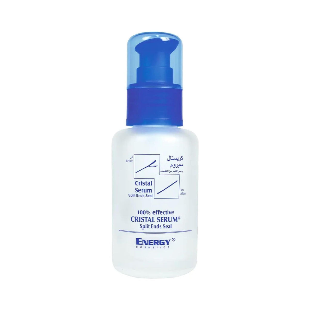 Refect Beauty Energy Cristal Serum bottle with a blue pump cap for sealing split ends and smoothing hair
