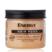 Refect Beauty ENERGY Hair Food treatment cream with vitamins A, D, and E in a clear jar with a black lid.