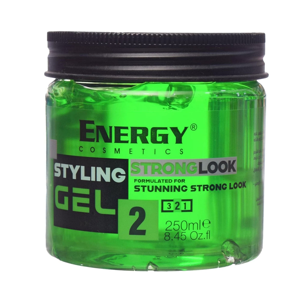 Refect Beauty Energy Styling Hair Gel Strong Look in a 250ml clear jar with bright green gel and black lid.