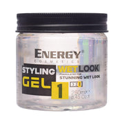 Refect Beauty Energy Styling Hair Gel Wet Look in a 250ml clear jar with a black lid for a glossy finish.