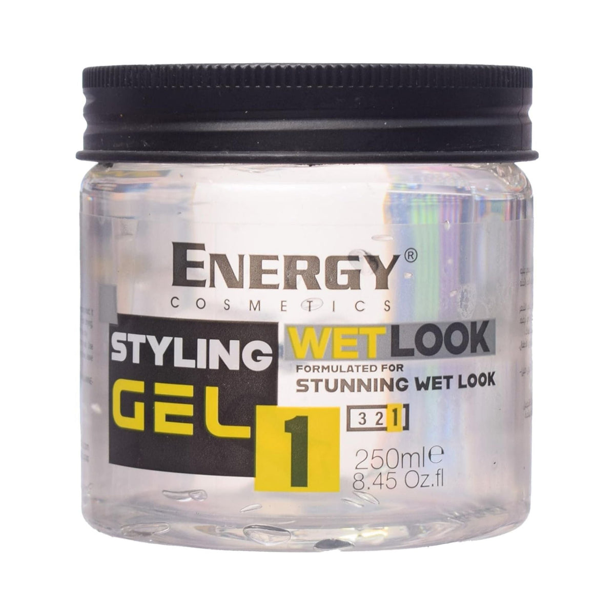 Refect Beauty Energy Styling Hair Gel Wet Look in a 250ml clear jar with a black lid for a glossy finish.
