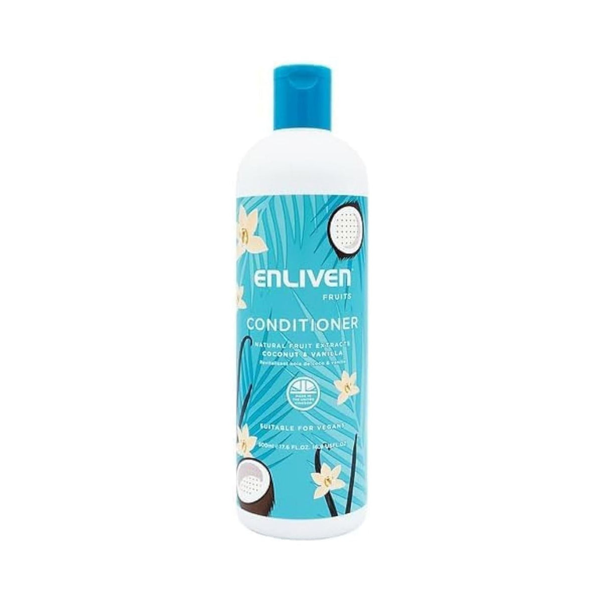 Refect Beauty Enliven Coconut & Vanilla conditioner bottle with blue cap and tropical coconut and vanilla graphics.