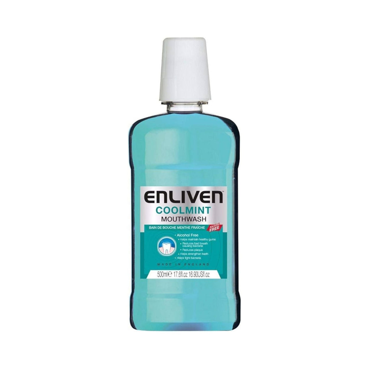 Refect Beauty Enliven Coolmint alcohol-free mouthwash in a 500ml clear blue bottle for fresh breath and oral hygiene.