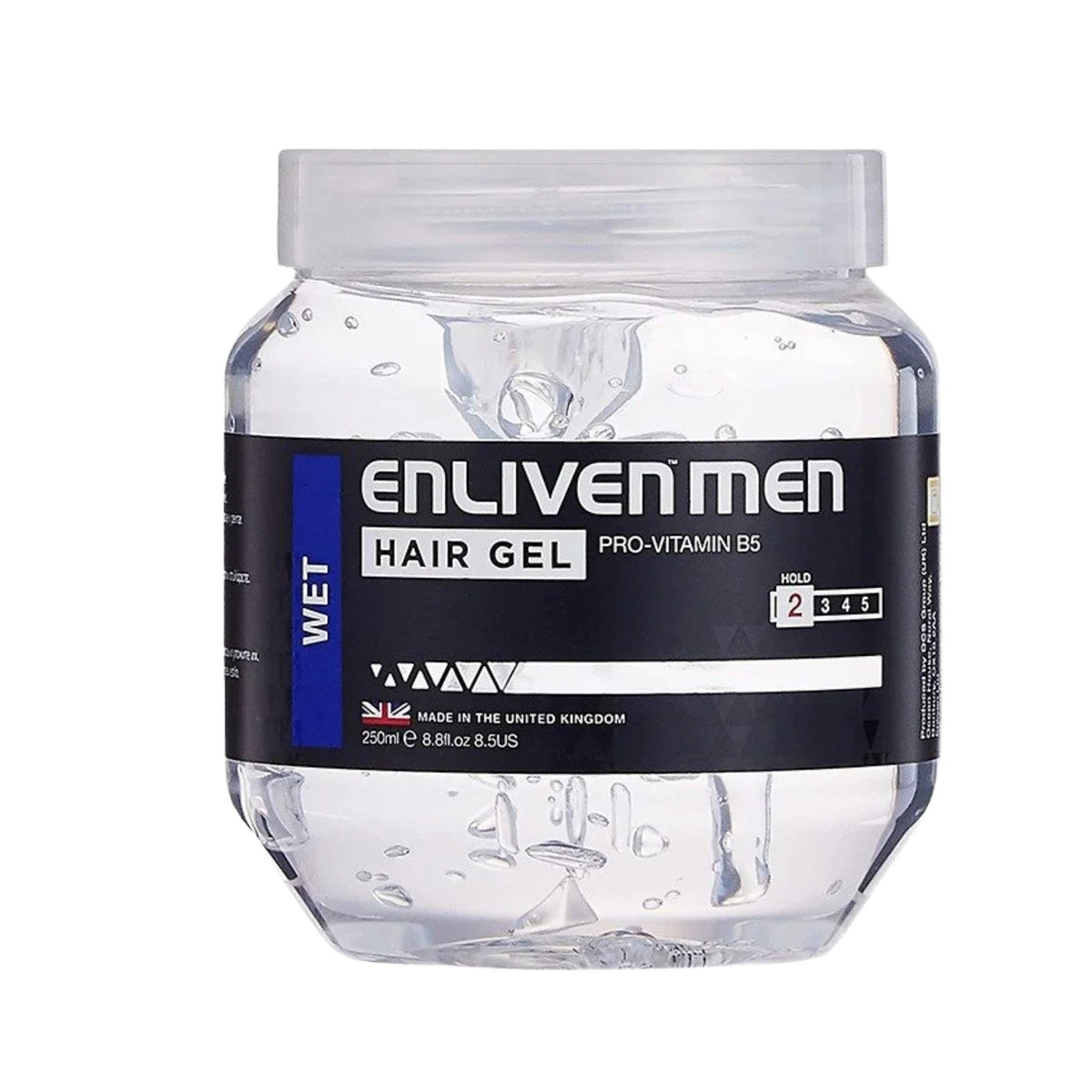 Refect Beauty Enliven Men Wet Pro-Vitamin B5 hair gel in a clear 250ml tub for high-shine styling and firm hold.