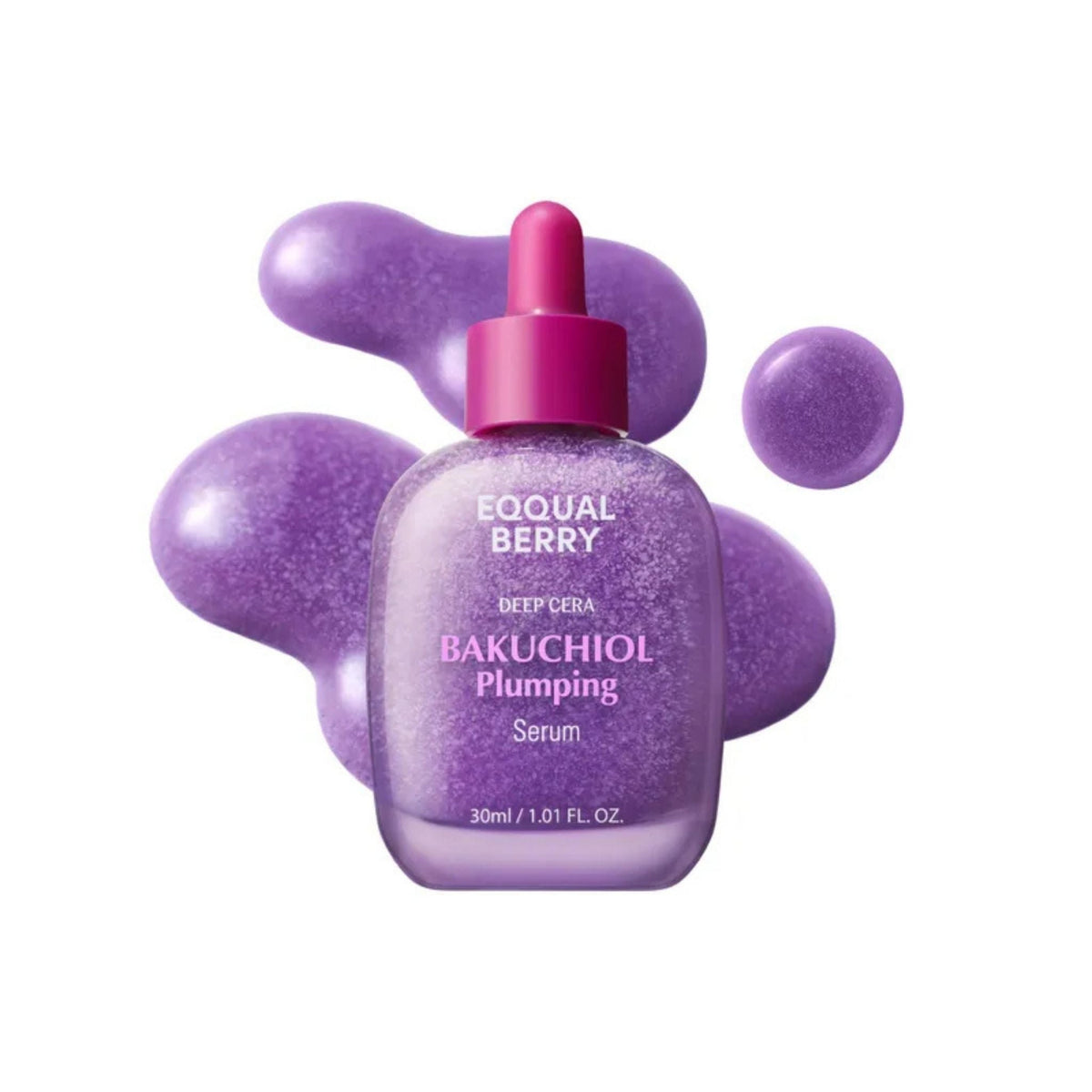 Refect Beauty Eqqualberry Deep Cera Bakuchiol Plumping Serum in a purple glass dropper bottle with serum splashes.