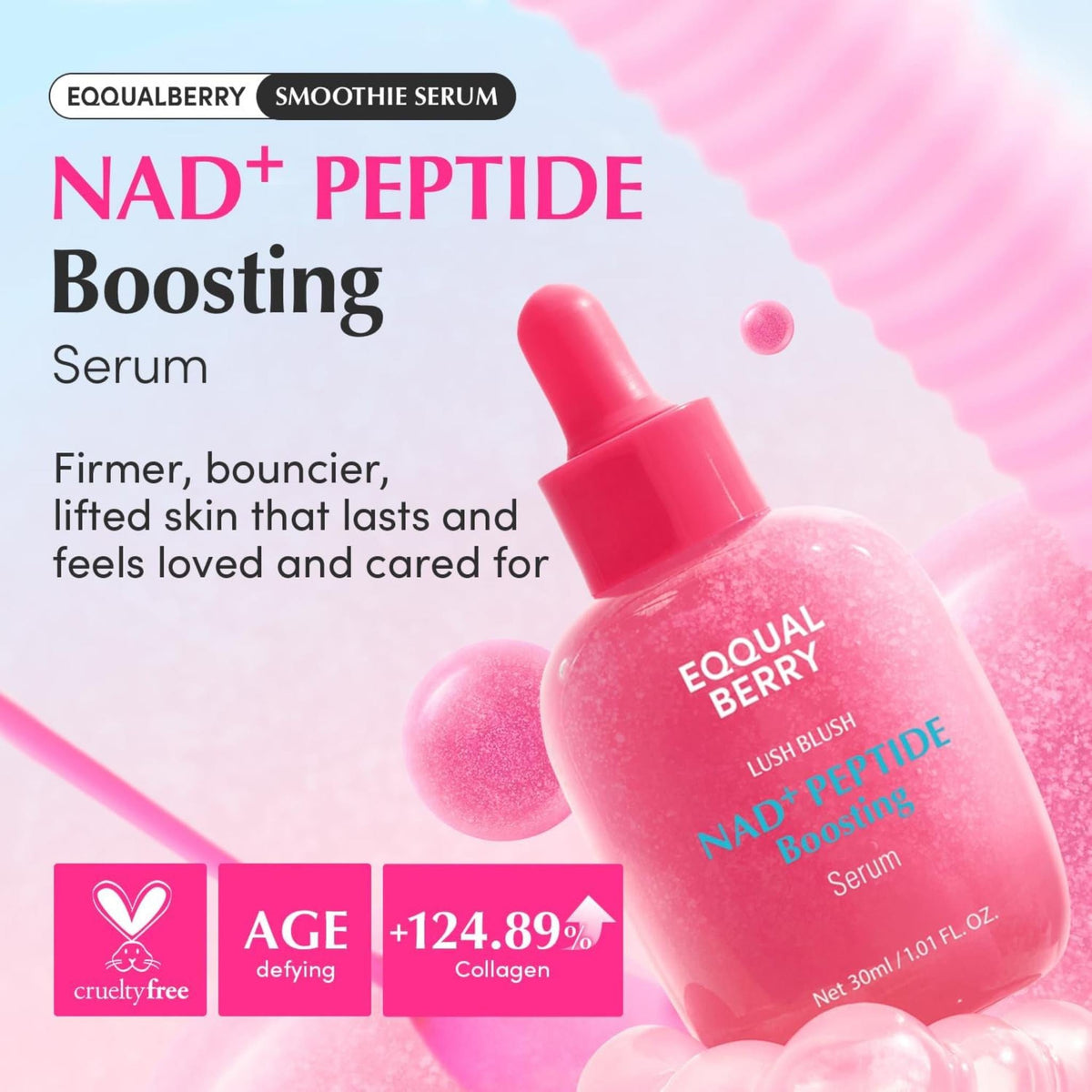 Refect Beauty EQQUALBERRY NAD+ Peptide Boosting Serum in a bright pink bottle with a dropper for firming skin