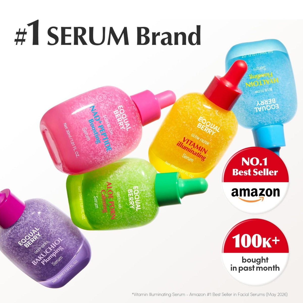 Refect Beauty collection of EQQUALBERRY facial serums in colorful glass dropper bottles with vibrant labels.