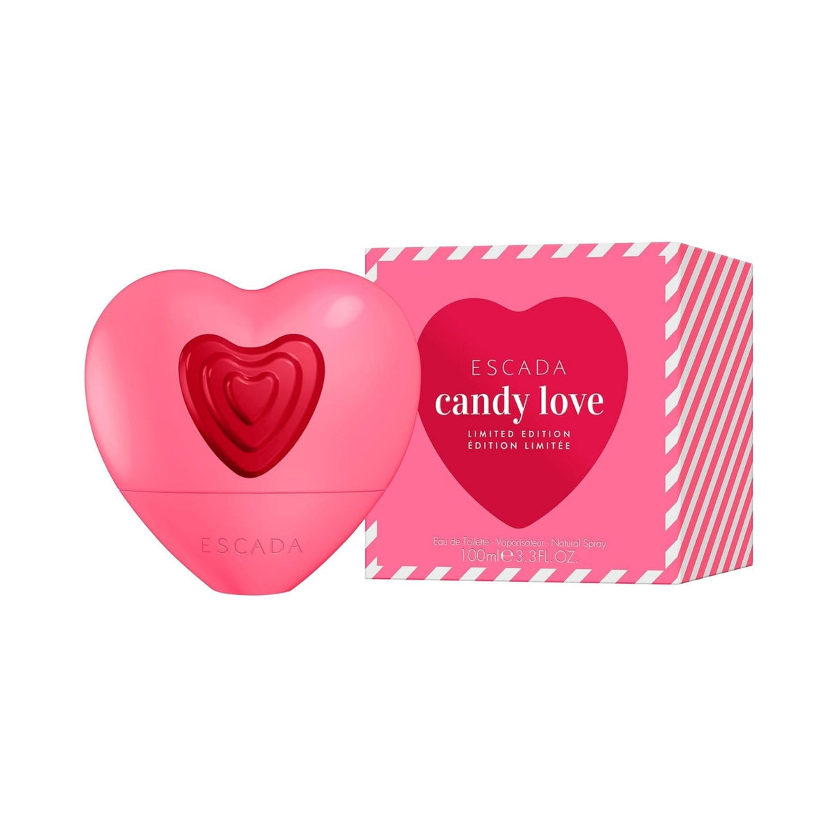 Refect Beauty Escada Candy Love heart-shaped pink perfume bottle and matching striped box packaging