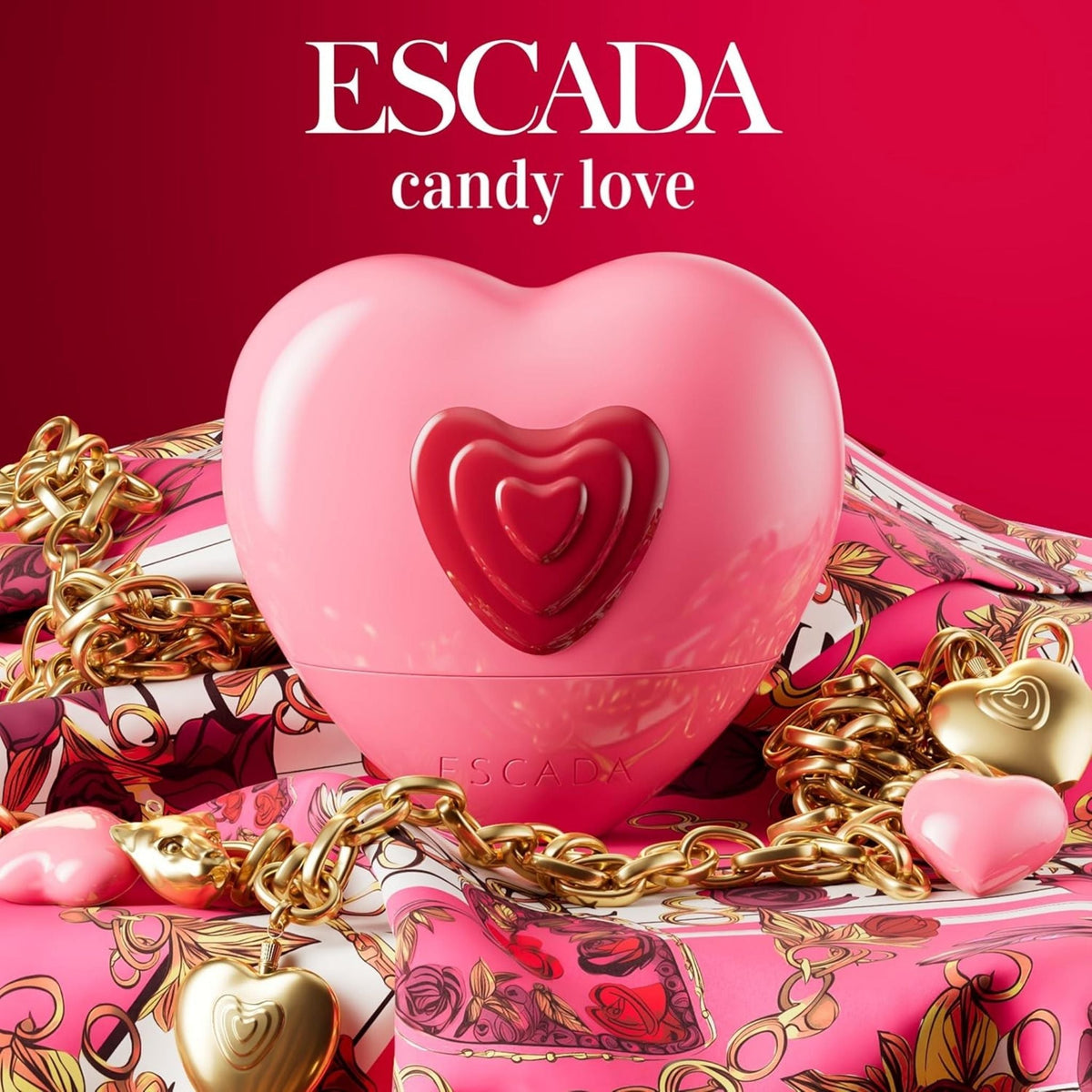 Refect Beauty Escada Candy Love heart-shaped pink perfume bottle with gold chain and floral scarf background