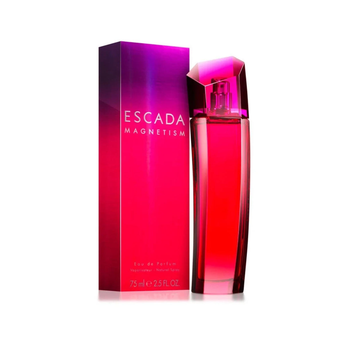 Refect Beauty Escada Magnetism Eau de Parfum in a vibrant pink and purple gradient glass bottle with matching box.