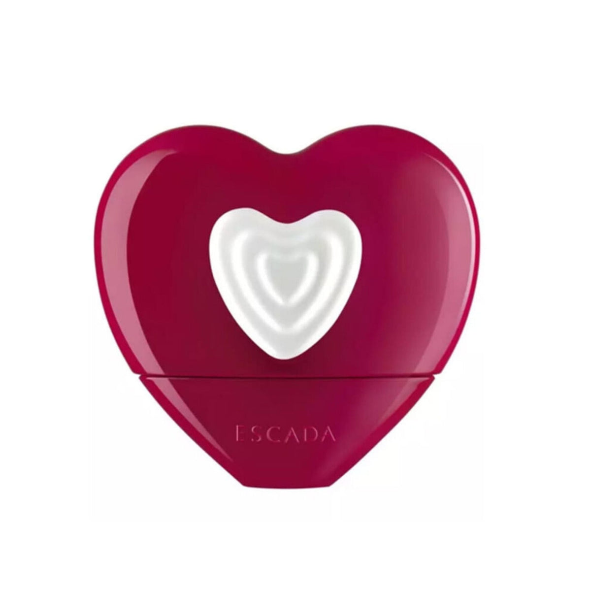 Refect Beauty Escada Show Me Love Eau de Parfum in a heart-shaped deep red bottle with a white heart accent