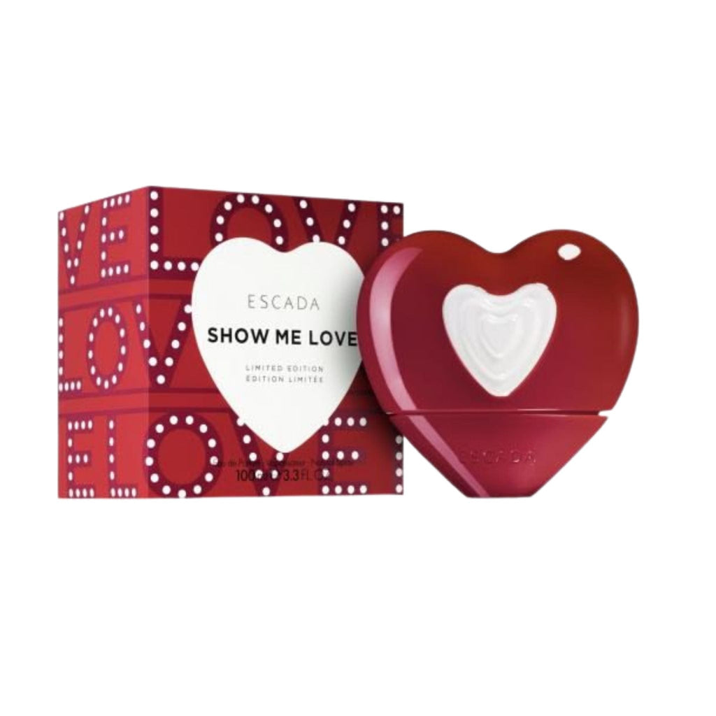 Refect Beauty Escada Show Me Love Eau de Parfum in a heart-shaped red bottle with matching gift box packaging.
