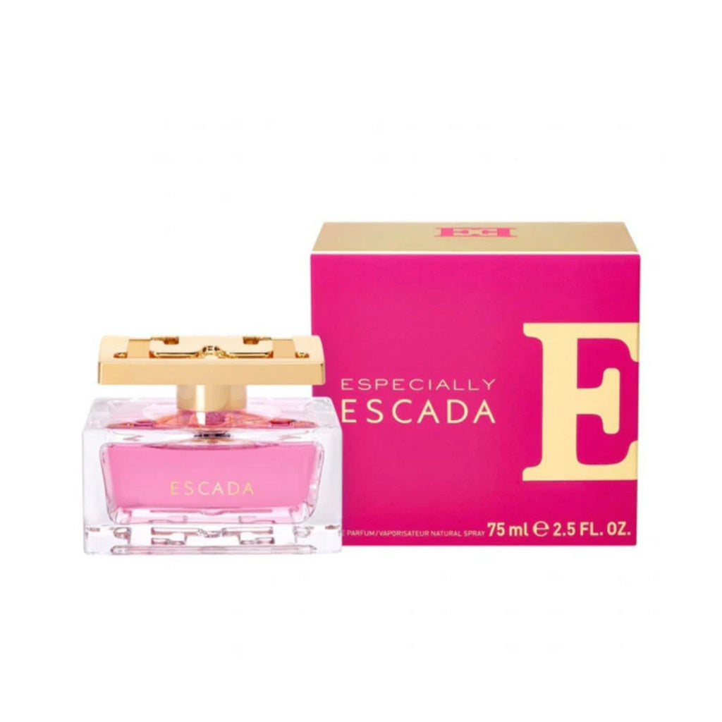 Refect Beauty Especially Escada Eau de Parfum bottle and bright pink box with gold accents and rose floral scent